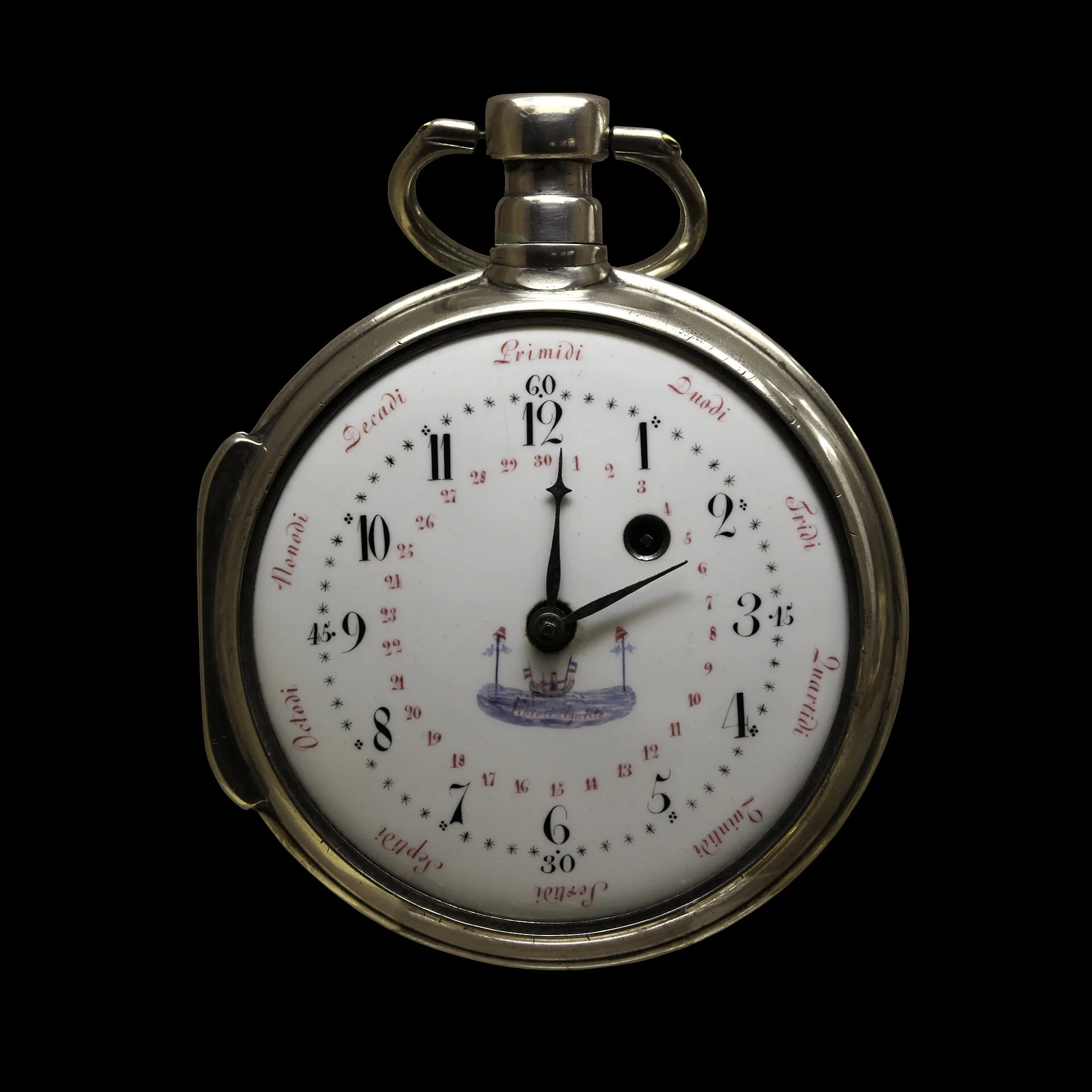 A pocket watch whose dial names the ten days of the French Republican week.